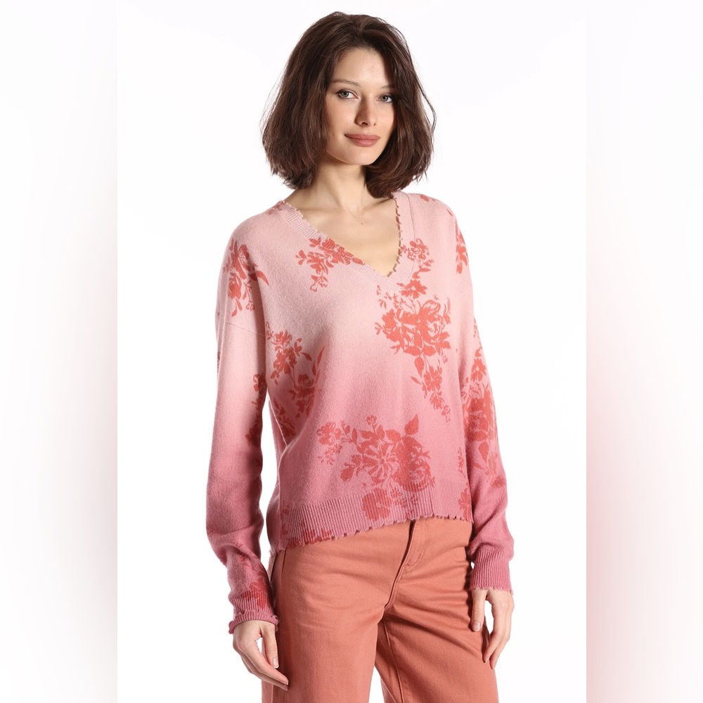 NWT Minnie Rose Cashmere V-Neck Floral Dip Dye Frayed Edge Pullover